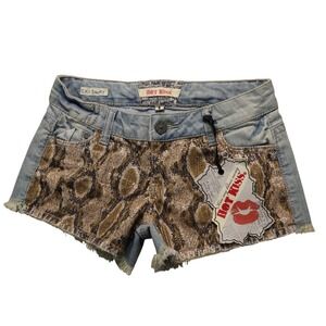 Hot Kiss Cici Shorts‎ Denim Sequins Snake Print Frayed Hem Biker Festival Size 1